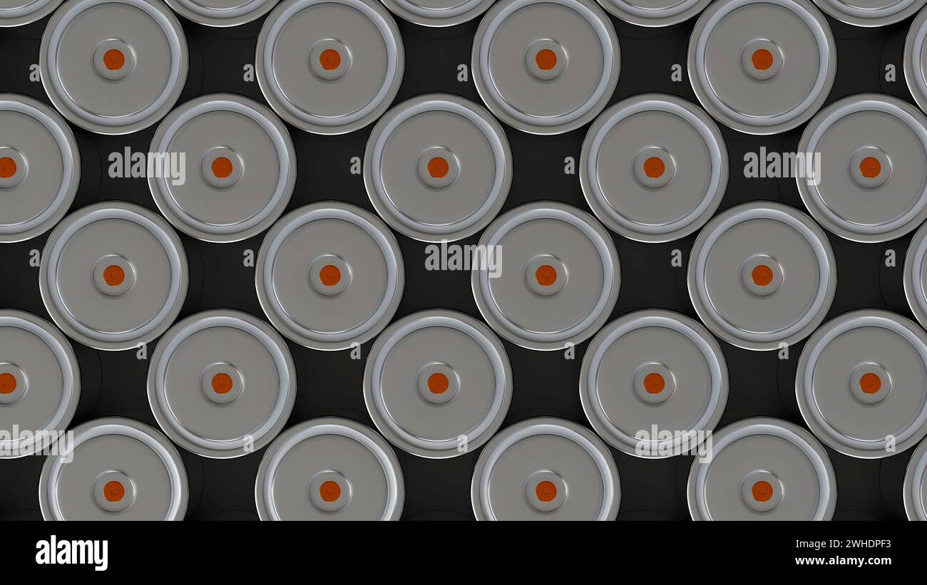 Packung mit zylindrischer Lithium-Traktionsbatterie im Format 4680 für Batteriemodule, Massenakkumulatoren für Hochleistungs- und Energieanwendungen für Elektrofahrzeuge, u Stockfoto