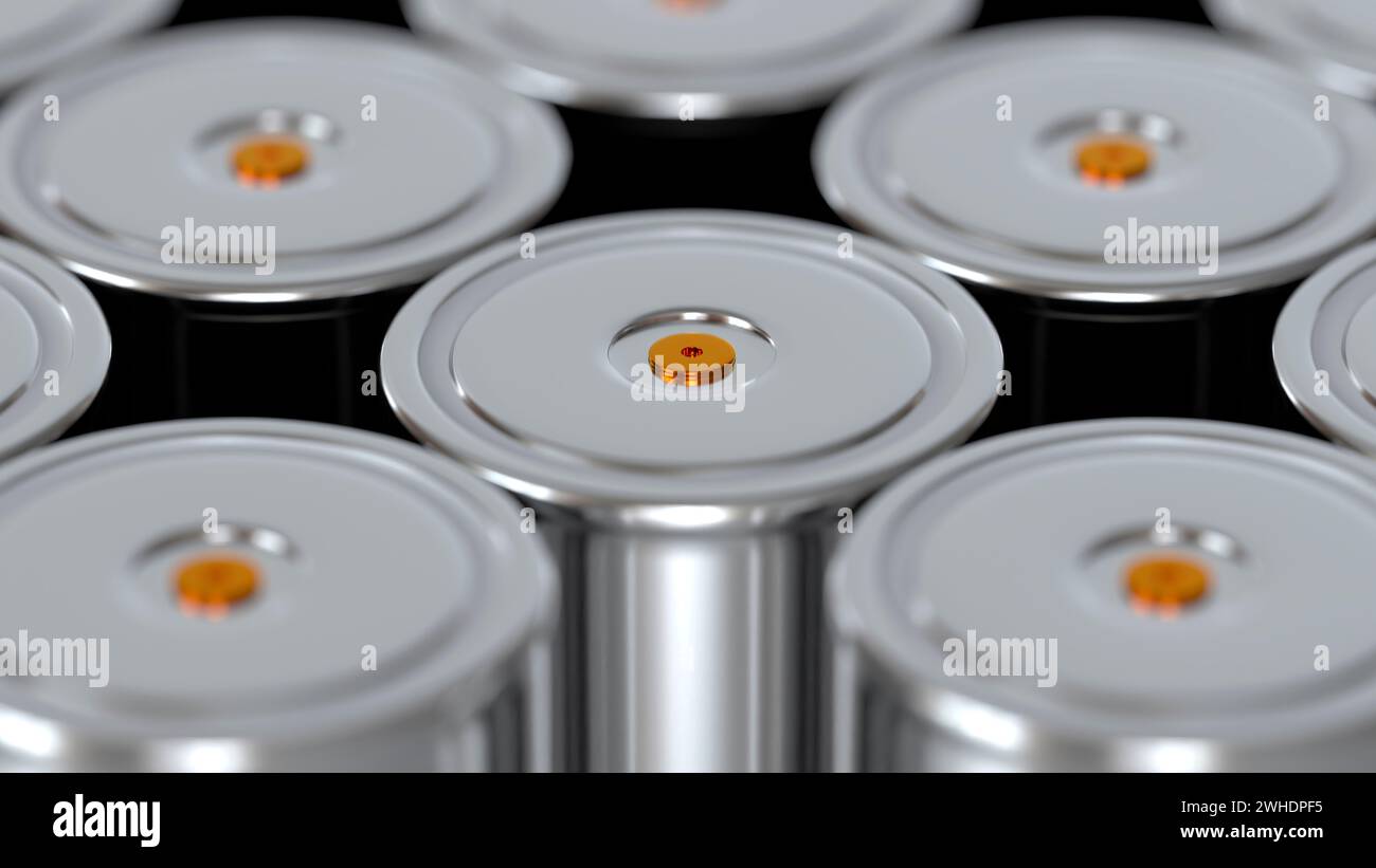 Tesla Lithium Traction 4680 Akkumulatorzelle für Batteriemodule, Produktionsbatterien Hochleistung, Energie für Elektrofahrzeuge, Trockenelektrode, Alt Stockfoto