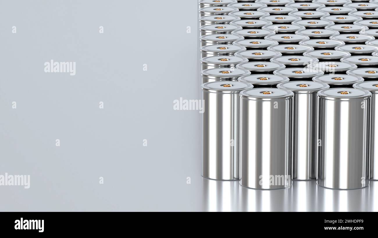 Tesla Lithium Traction 4680 Akkumulatorzelle für Batteriemodule, Produktionsbatterien Hochleistung, Energie für Elektrofahrzeuge, Trockenelektrode, Alt Stockfoto