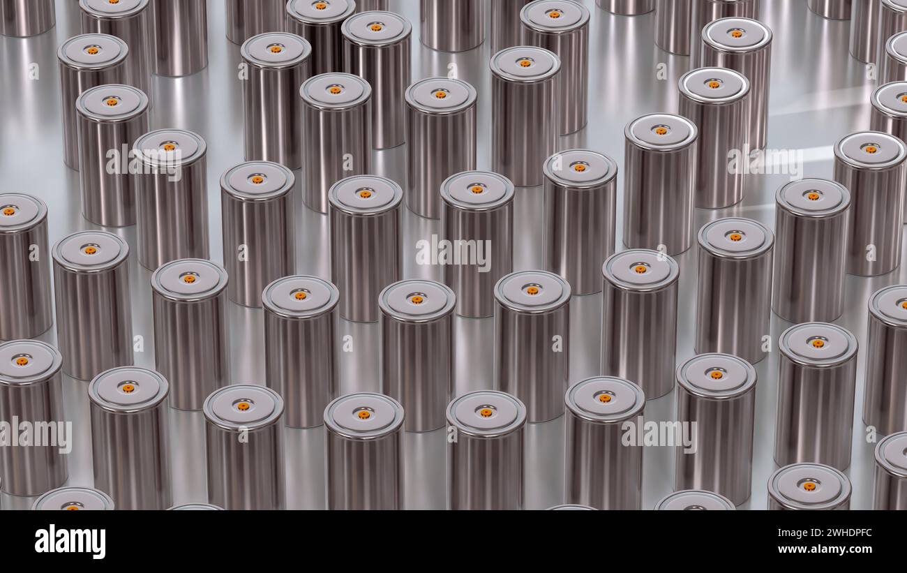 Gruppe 4680 Tesla zylindrische Lithium-Traktionsbatterie für Batteriemodule, Massenakkumulatoren Hochleistung und Energie für Elektrofahrzeuge, u Stockfoto