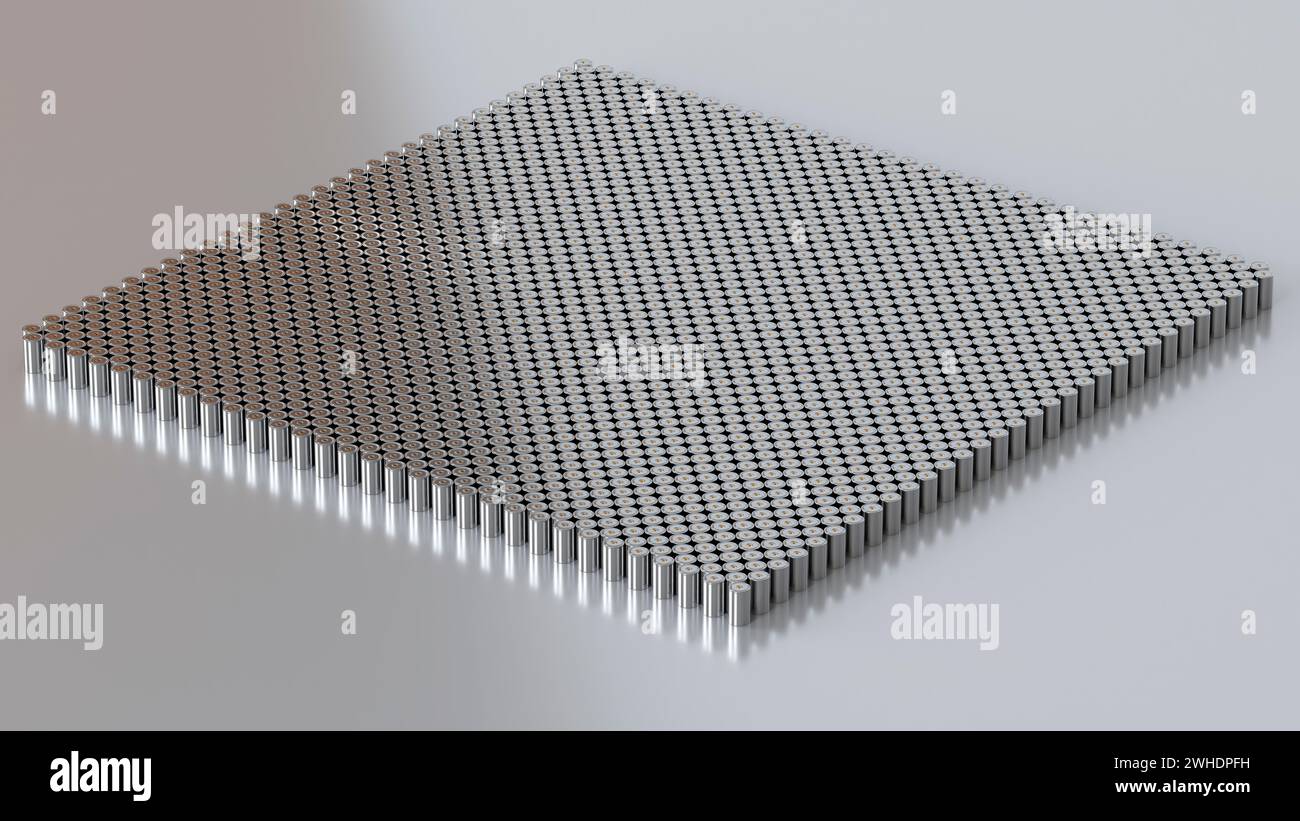 Packung mit zylindrischer Lithium-Traktionsbatterie im Format 4680 für Batteriemodule, Massenakkumulatoren für Hochleistungs- und Energieanwendungen für Elektrofahrzeuge, u Stockfoto