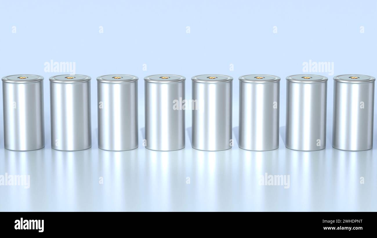 Serie neue Li-Ion-Batterien 4680 Herstellung, zylindrische Hochenergie-Akkumulatoren, Verwendung von Trockenelektroden, Leistung und Energie für Elektrofahrzeuge, Advanc Stockfoto