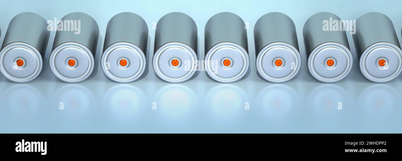 Serie neue Li-Ion-Batterien 4680 Herstellung, zylindrische Hochenergie-Akkumulatoren, Verwendung von Trockenelektroden, Leistung und Energie für Elektrofahrzeuge, Advanc Stockfoto