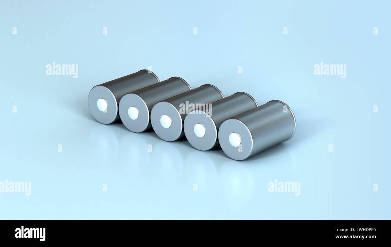 Serie neue Li-Ion-Batterien 4680 Herstellung, zylindrische Hochenergie-Akkumulatoren, Verwendung von Trockenelektroden, Leistung und Energie für Elektrofahrzeuge, Advanc Stockfoto