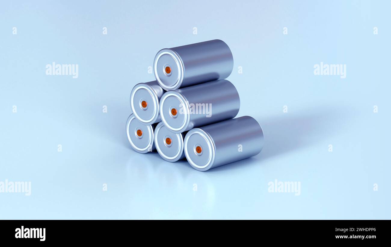 Neue zylindrische Lithium-Traktionsbatterie im Pyramidenformat 4680 für Module, zylindrische Hochenergie-Akkumulatoren, Trockenelektrode, Leistung, Energie für Elektroden Stockfoto