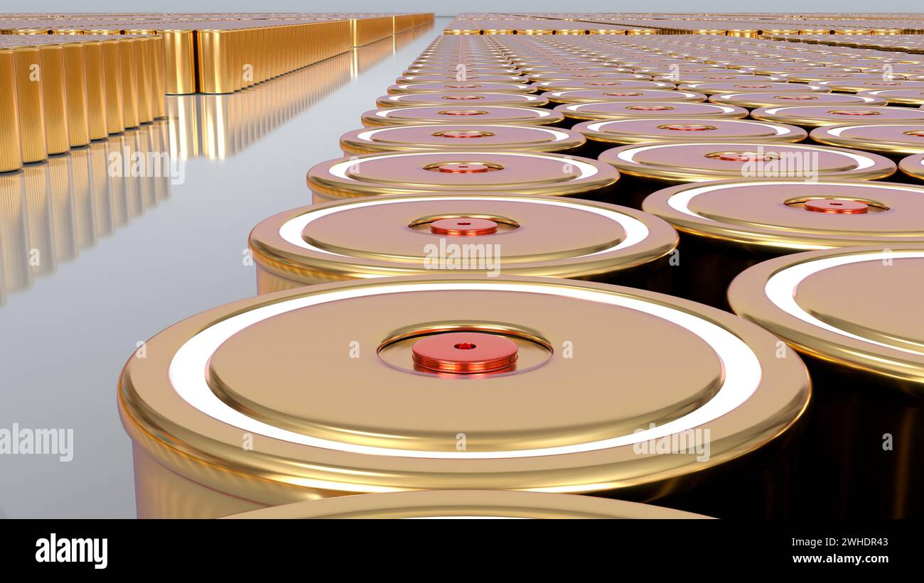 Großpackung Tesla 4680-Format zylindrische Lithium-Traktions-Gold-Batterie für Module, Hochenergie-Akkumulatoren, Trockenelektrode, Leistung, Energie für Elektro Stockfoto