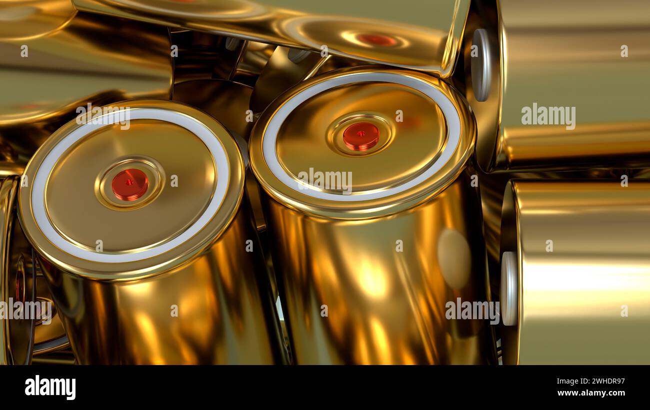 Close-up Gold 4680 Format zylindrische Lithium-Traktionsbatterie für Batteriemodule, Massenakkumulatoren, Hochleistungs- und Energieanwendungen für elektrische Geräte Stockfoto