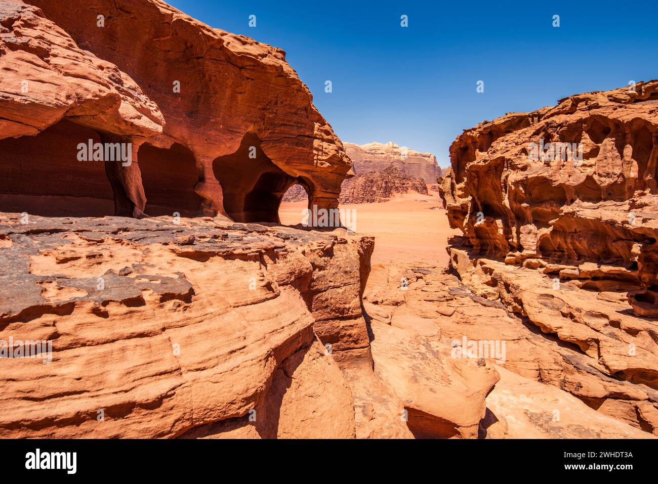 Wüstenlandschaft in Wadi Rum, Jordanien Stockfoto