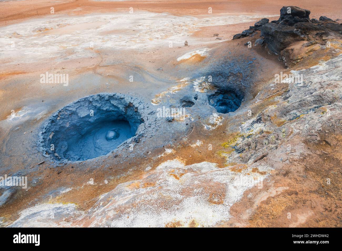 Schlammtöpfe, Schwefelquellen, Fumarolen und Solfataras im Geothermiegebiet Hverarönd, Hverir, Mahjall, Island Stockfoto