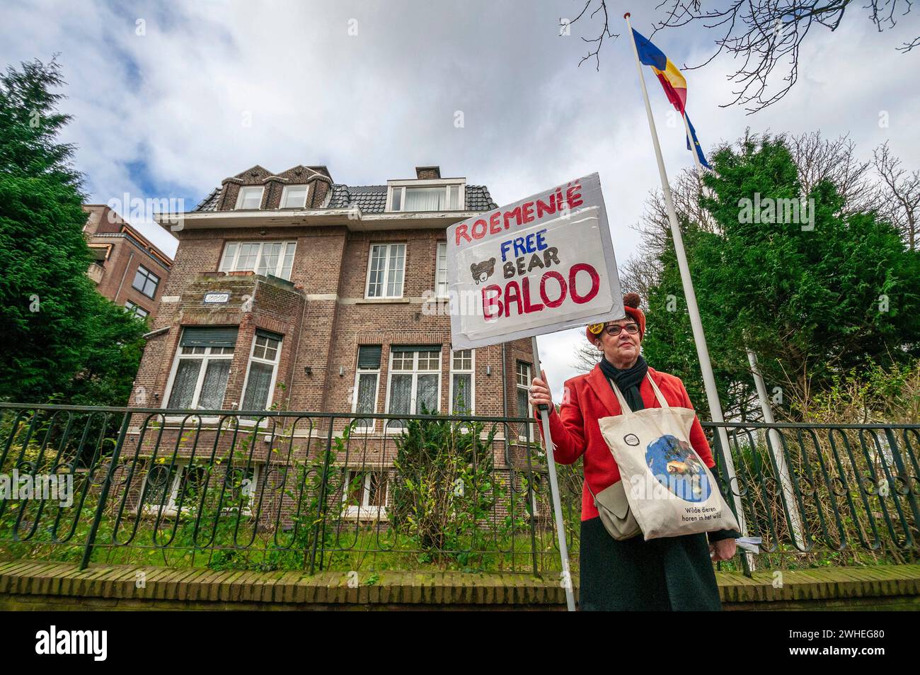 Vor der rumänischen Botschaft steht ein AktivistInnen der „World Animal Protection NL“ mit einem Plakat mit der Aufschrift „Free Bär Baloo“. Den Haag, um auf die Notlage des Roten Bären „Baloo“ aufmerksam zu machen. Seit 23 Jahren im Straja Ski and Snowboarding Resort in Hunedoara, Rumänien. „Baloo“ der Rote Bär wird als Maskottchen gehalten und mit Cornflakes, Süßigkeiten, Limonade und sogar Alkohol getrunken und manchmal von Kindern mit Stöcken verspottet. Seine Situation wurde kürzlich von der niederländischen TV- und Fernsehmoderatorin Floortje Dessing veröffentlicht. „World Animal Protection NL“ hat eine Petition mit 178 eingereicht, Stockfoto