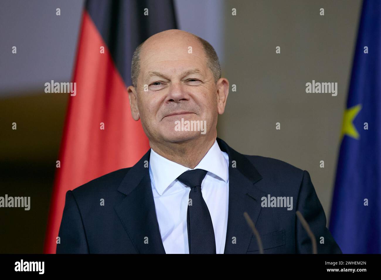 "24.01.2024, Deutschland, Berlin, Berlin - Bundeskanzler Olaf Scholz bei einer Pressekonferenz im Kanzleramt anlässlich des Besuchs des Slo Stockfoto