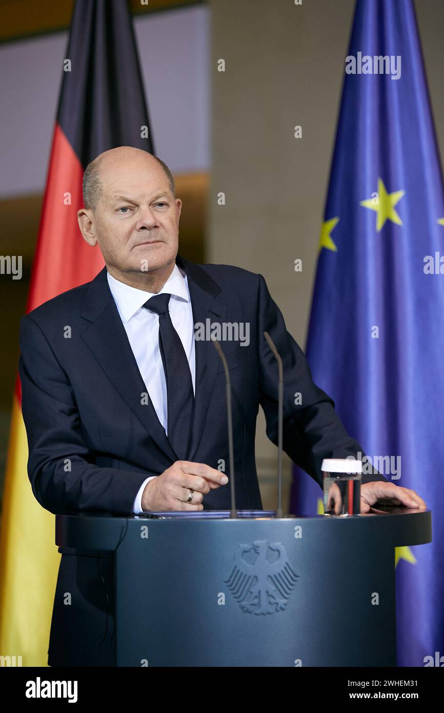 "24.01.2024, Deutschland, Berlin, Berlin - Bundeskanzler Olaf Scholz bei einer Pressekonferenz im Kanzleramt anlässlich des Besuchs des Slo Stockfoto