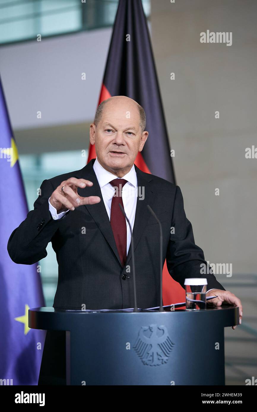 '23.01.2024, Deutschland, Berlin, Berlin - Bundeskanzler Olaf Scholz bei der Pressekonferenz im Bundeskanzleramt nach dem vierten Treffen der Allia Stockfoto