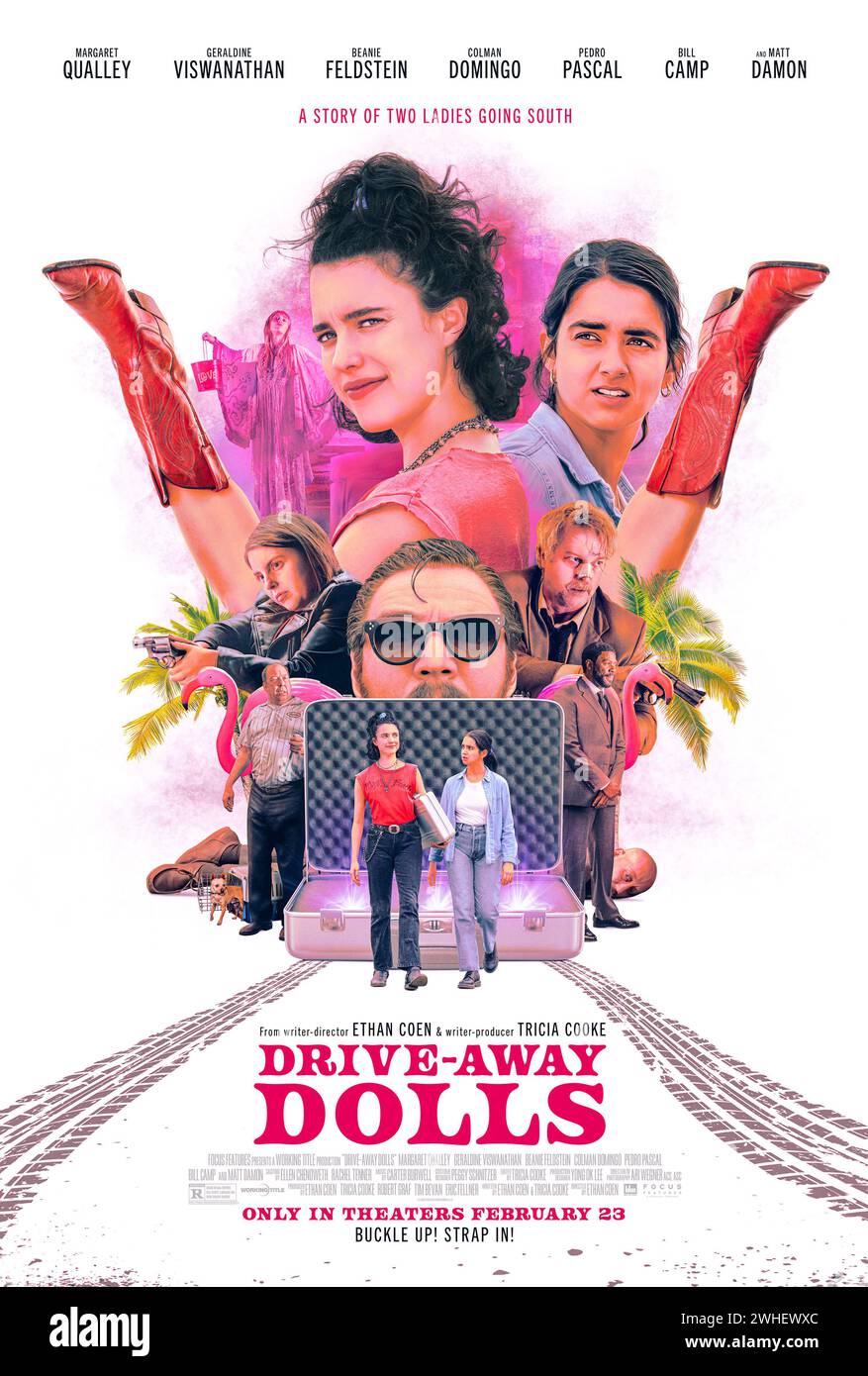 ERSCHEINUNGSDATUM: 23. Februar 2024. TITEL: Drive-Away Dolls. STUDIO: Focus-Funktionen. DIREKTOR: Ethan Coen. Jamie bereut ihre Trennung von ihrer Freundin, während Marian sich entspannen muss. Auf der Suche nach einem Neuanfang begeben sie sich auf einen unerwarteten Roadtrip nach Tallahassee. Die Dinge laufen schnell schief, wenn sie sich mit einer Gruppe unfähiger Krimineller kreuzen. DIE HAUPTROLLE: MARGARET QUALLEY als Jamie, GERALDINE VISWANATHAN als Marienplakatkunst. (Credit Image: © Focus Features/Entertainment Pictures/ZUMAPRESS.com) NUR REDAKTIONELLE VERWENDUNG! Nicht für kommerzielle ZWECKE! Stockfoto