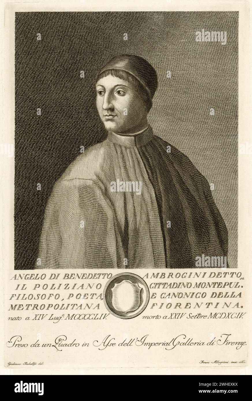 1490 c, ITALIEN : der italienische Renaissance-Philosoph, Dichter und Humanist ANGELO POLIZIANO ( Agnolo Ambrogini , 1454–1494 ). Porträt von Francesco Allegrini , nach Giuliano Traballesi nach Cristofano dell’Altissimo , 1762 . - FILOSOFIA - FILOSOFO - RINASCIMENTO - RITRATTO - ARTE - KUNST - GRAVUR - INCISIONE - STAMPA - PHILOSOPHIE - LETTERATURA - LITERATUR - LETTERATO - SCRITTORE - SCHRIFTSTELLER - UMANISTA - RINASCIMENTO - RENAISSANCE - POETA - POESIE - GESCHICHTE - FOTO STORICHE - ARCHIVIO GBB Stockfoto