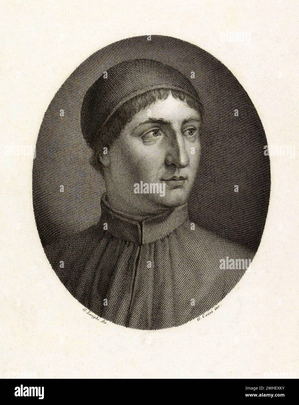 1490 c, ITALIEN : der italienische Renaissance-Philosoph, Dichter und Humanist ANGELO POLIZIANO ( Agnolo Ambrogini , 1454–1494 ). Porträt von Giuseppe Cozzi nach G. Longhi ( 1827 - 1837 ). - FILOSOFIA - FILOSOFO - RINASCIMENTO - RITRATTO - ARTE - KUNST - GRAVUR - INCISIONE - STAMPA - PHILOSOPHIE - LETTERATURA - LITERATUR - LETTERATO - SCRITTORE - SCHRIFTSTELLER - UMANISTA - RINASCIMENTO - RENAISSANCE - POETA - POESIE - GESCHICHTE - FOTO STORICHE - ARCHIVIO GBB Stockfoto