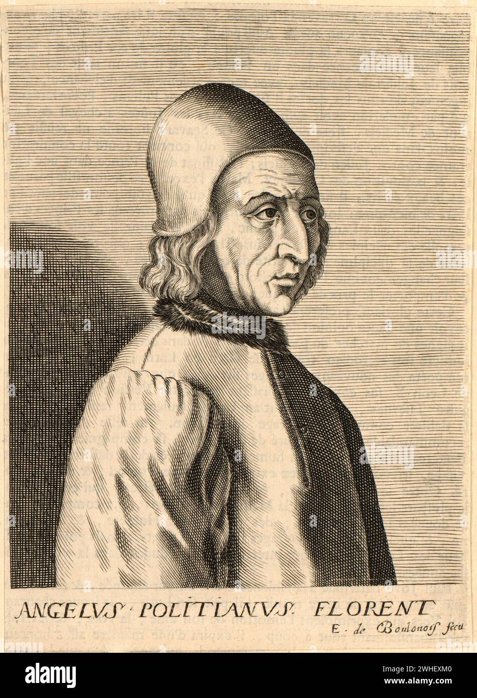 1490 c, ITALIEN : der italienische Renaissance-Philosoph, Dichter und Humanist ANGELO POLIZIANO ( Agnolo Ambrogini , 1454–1494 ). Porträt von Edme de Boulonois , 1682 . - FILOSOFIA - FILOSOFO - RINASCIMENTO - RITRATTO - ARTE - KUNST - GRAVUR - INCISIONE - STAMPA - PHILOSOPHIE - LETTERATURA - LITERATUR - LETTERATO - SCRITTORE - SCHRIFTSTELLER - UMANISTA - RINASCIMENTO - RENAISSANCE - POETA - POPETRY - POESIA - GESCHICHTE - FOTO STORICHE - ARCHIVIO GBB Stockfoto