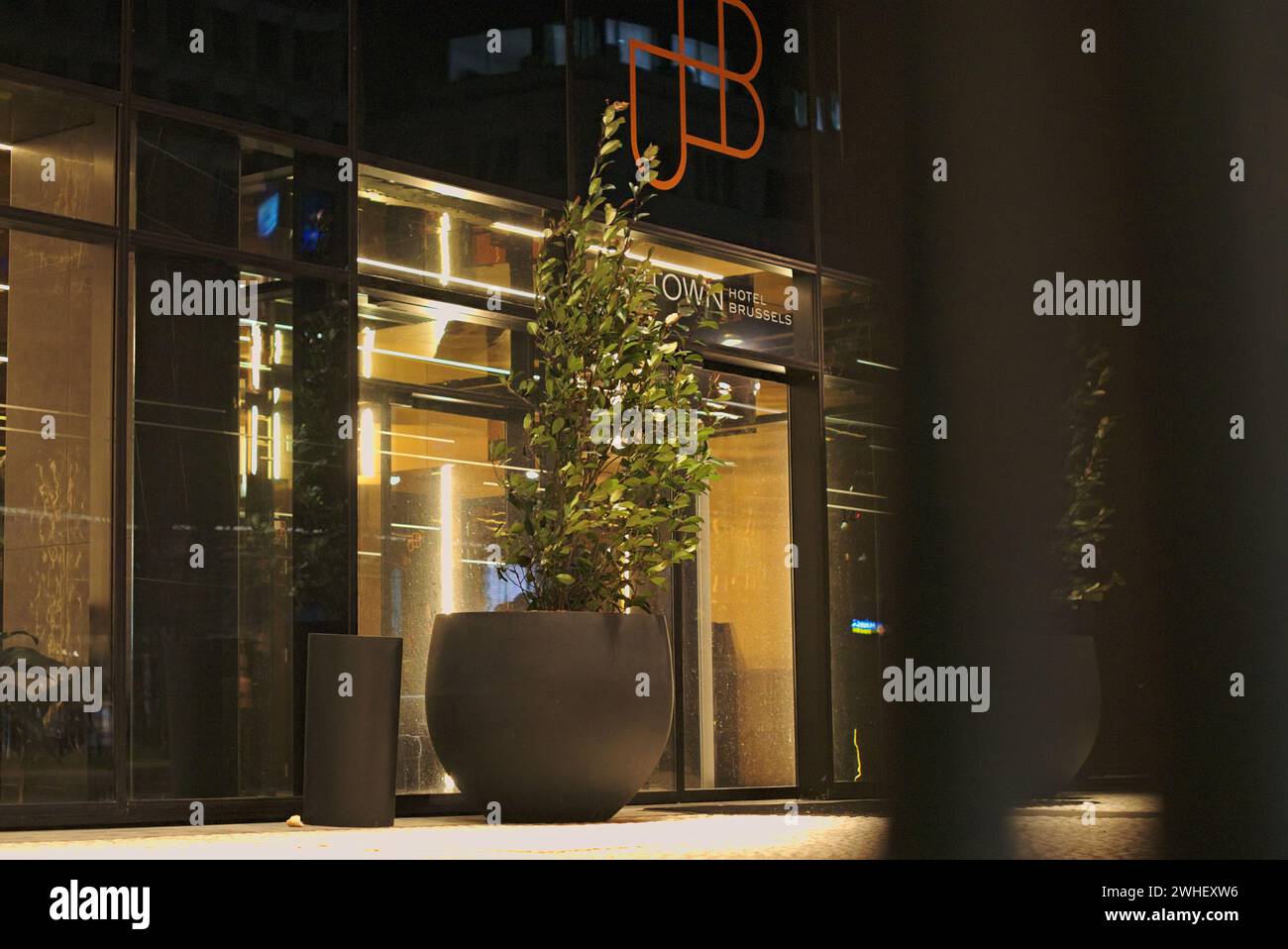 Brüssel, Belgien 5-02-2024. Hotels in Belgien. Nachtstadt. Fassade des Hotelgebäudes. Die Anlage in der Nähe des Gebäudes schwankt im Wind. Stockfoto