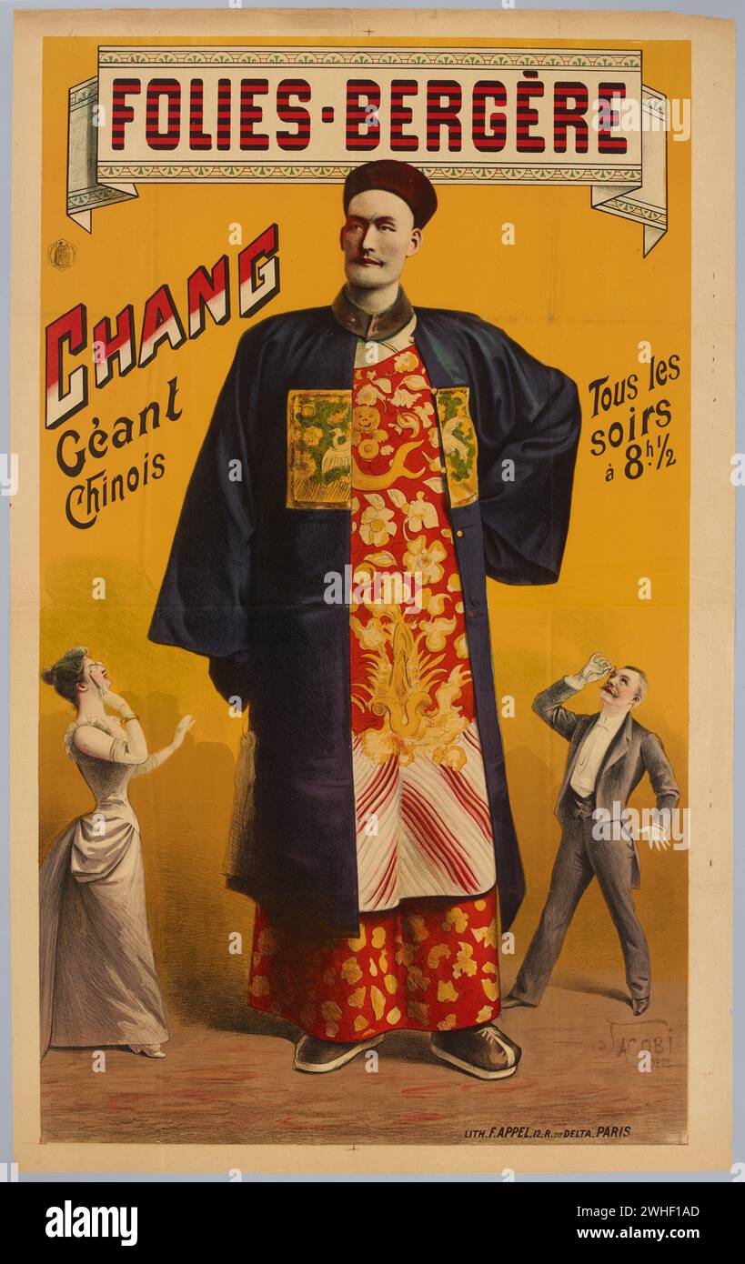 Vintage-Poster: FOLIES-BERGERE/ Chang the Chines Giant 1891. Lithografiefarbe. Design: Jacobi, Stockfoto