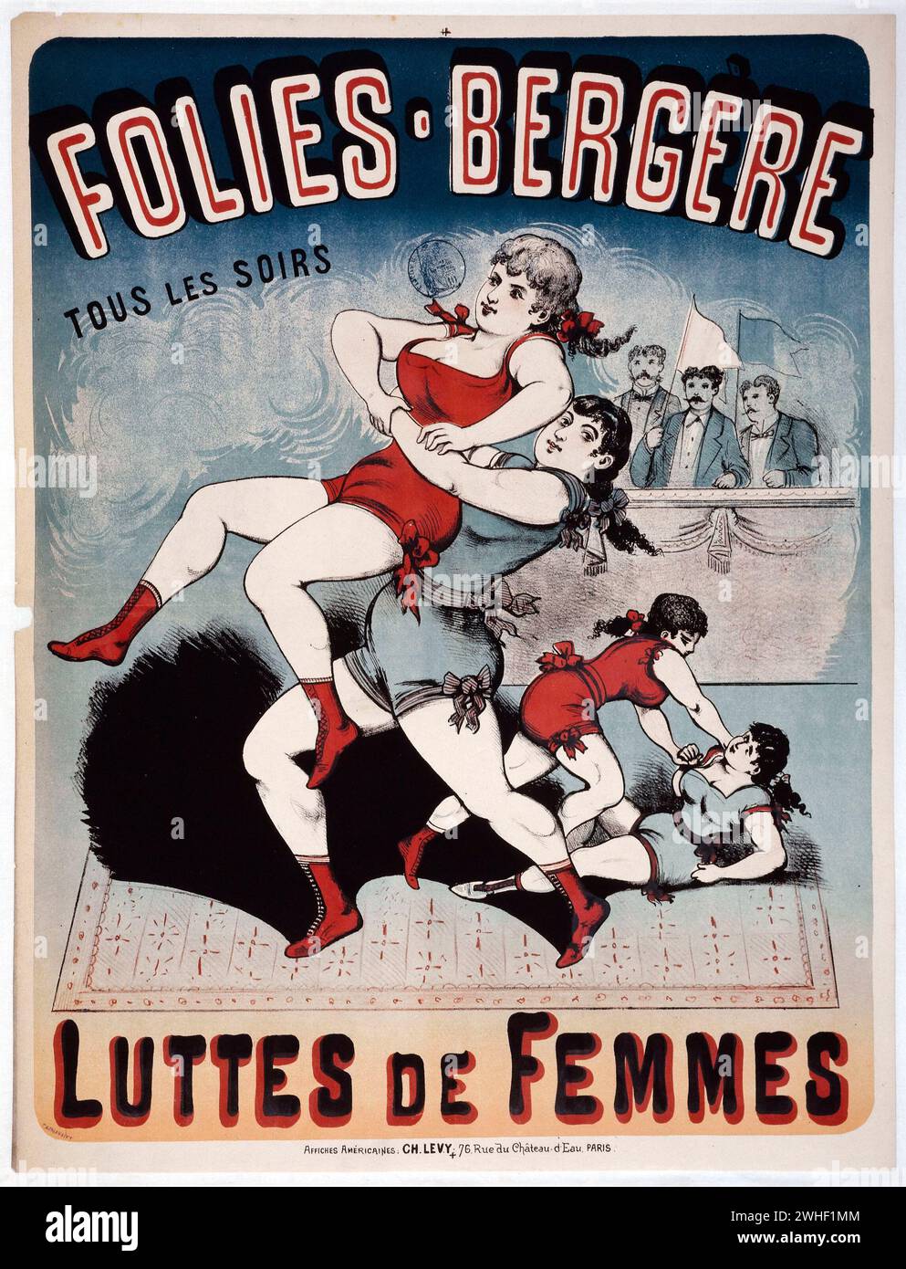 Vintage-Poster: Folies-Bergère, Women Wrestling, Every Night Lithograph Color. Design: .Charles Lévy. Stockfoto