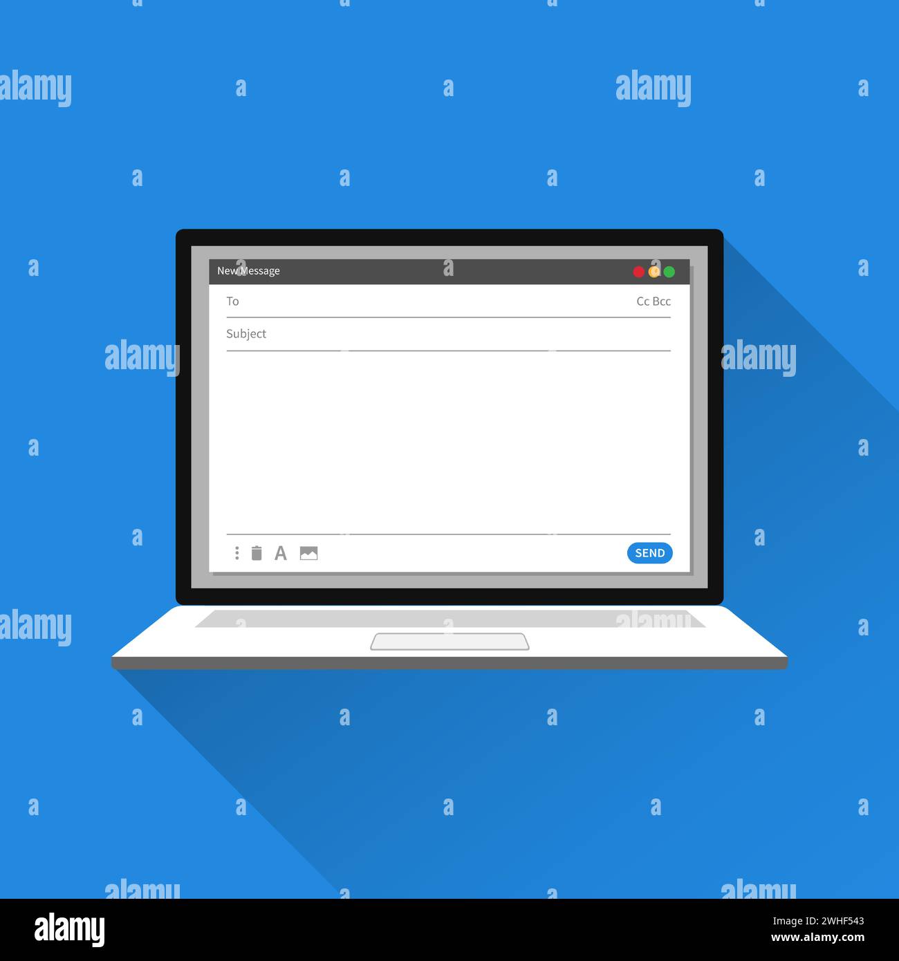 Leere E-Mail-Vorlage auf Laptop-Bildschirm Konzept. Isoliert mit blauem Hintergrund Stock Vektor
