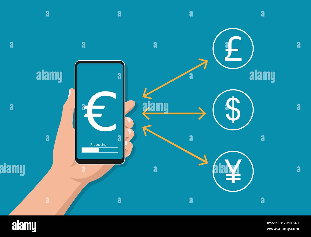 Smartphone in Handhaltung mit Währungssymbol. Money Exchange Konzept Vektor Illustration Stock Vektor