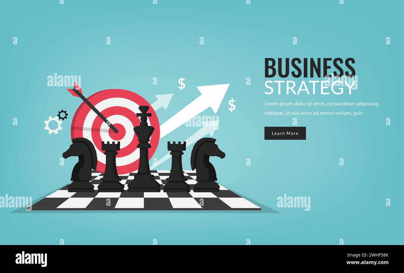 Geschäftsstrategiekonzept mit Schachfigurensymbol und Zielvektor-Illustration. Stock Vektor