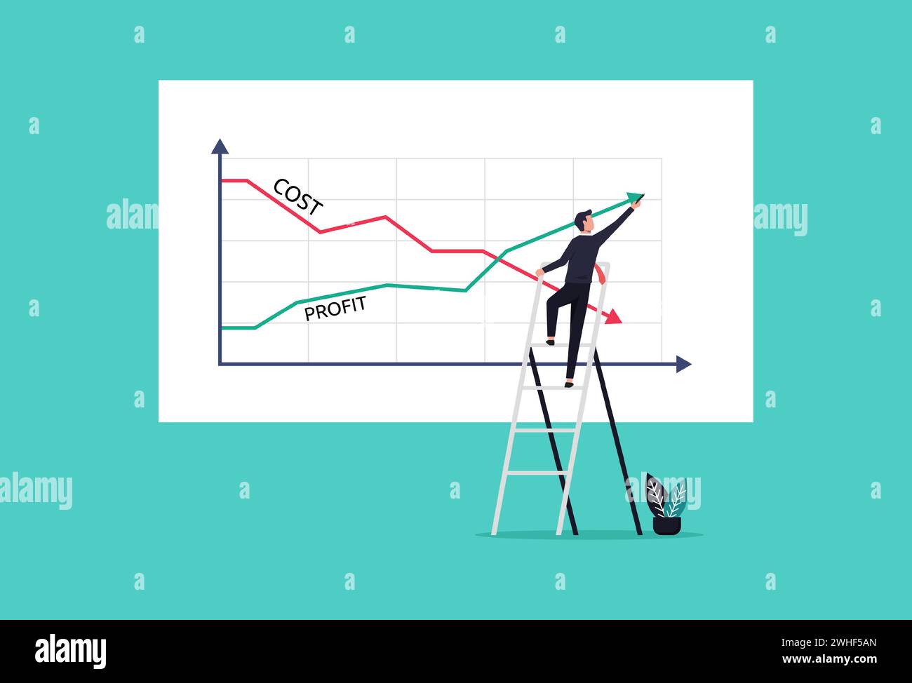 Geschäftsmann zeichnet Diagramme Gewinn vs. Kostenreduzierung Konzept Vektor Illustration. Stock Vektor