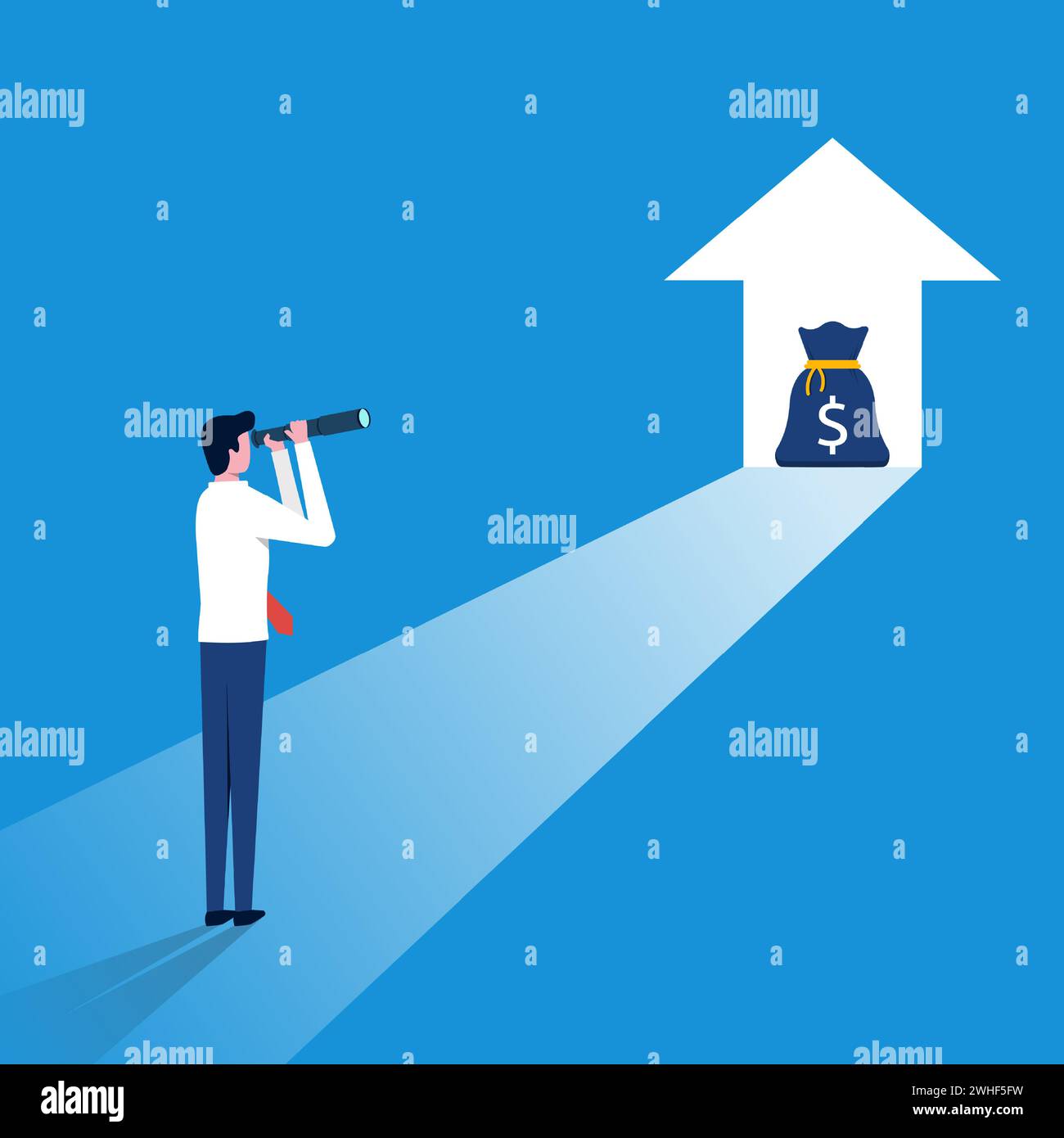 Geschäftsmann, der durch das Teleskop blickt, sieht Erfolgsvision mit Pfeilsymbol. Stock Vektor