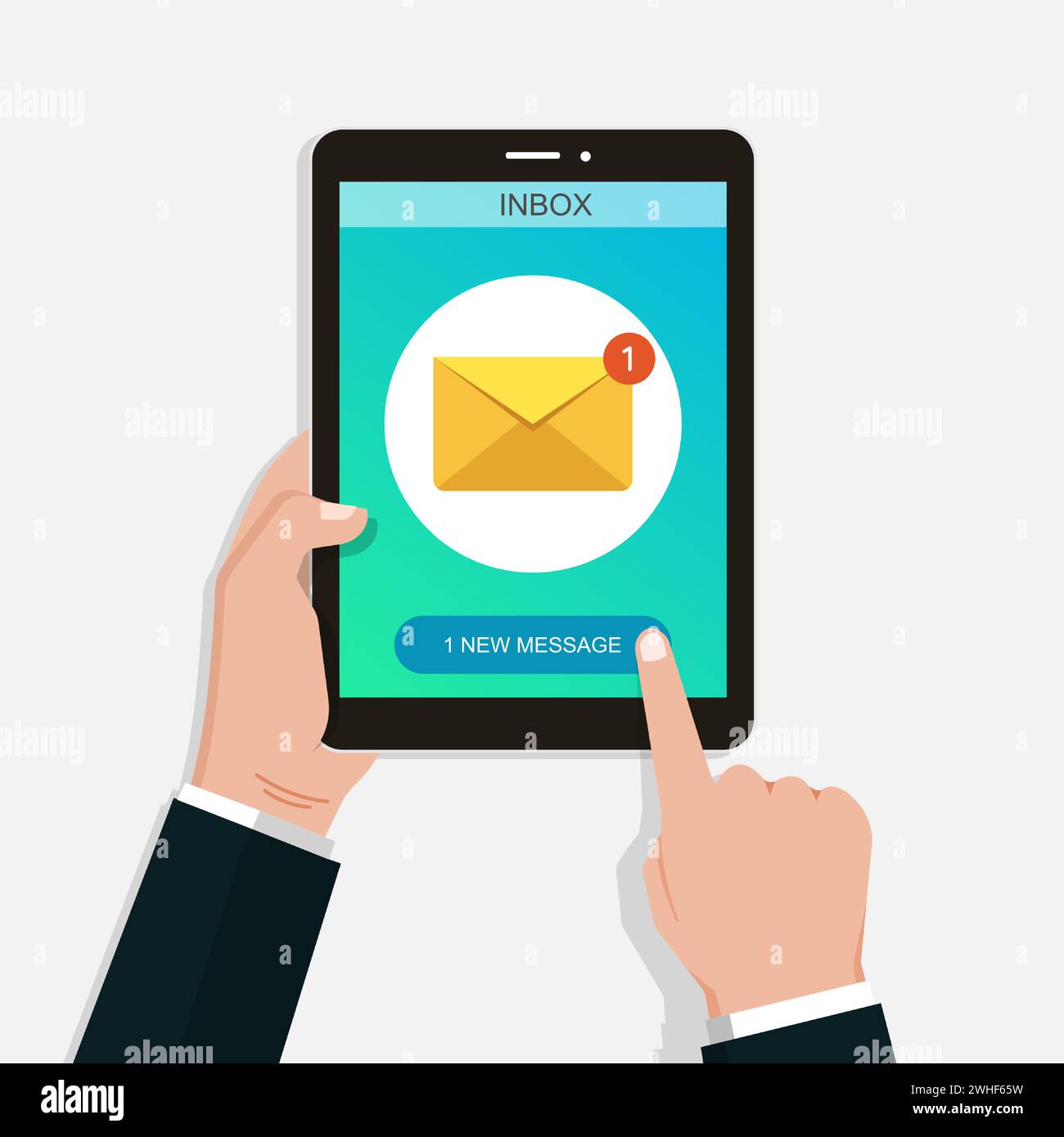 Tablet in der Hand mit neuer E-Mail auf dem Tablet-Bildschirm, E-Mail-Konzept Stock Vektor
