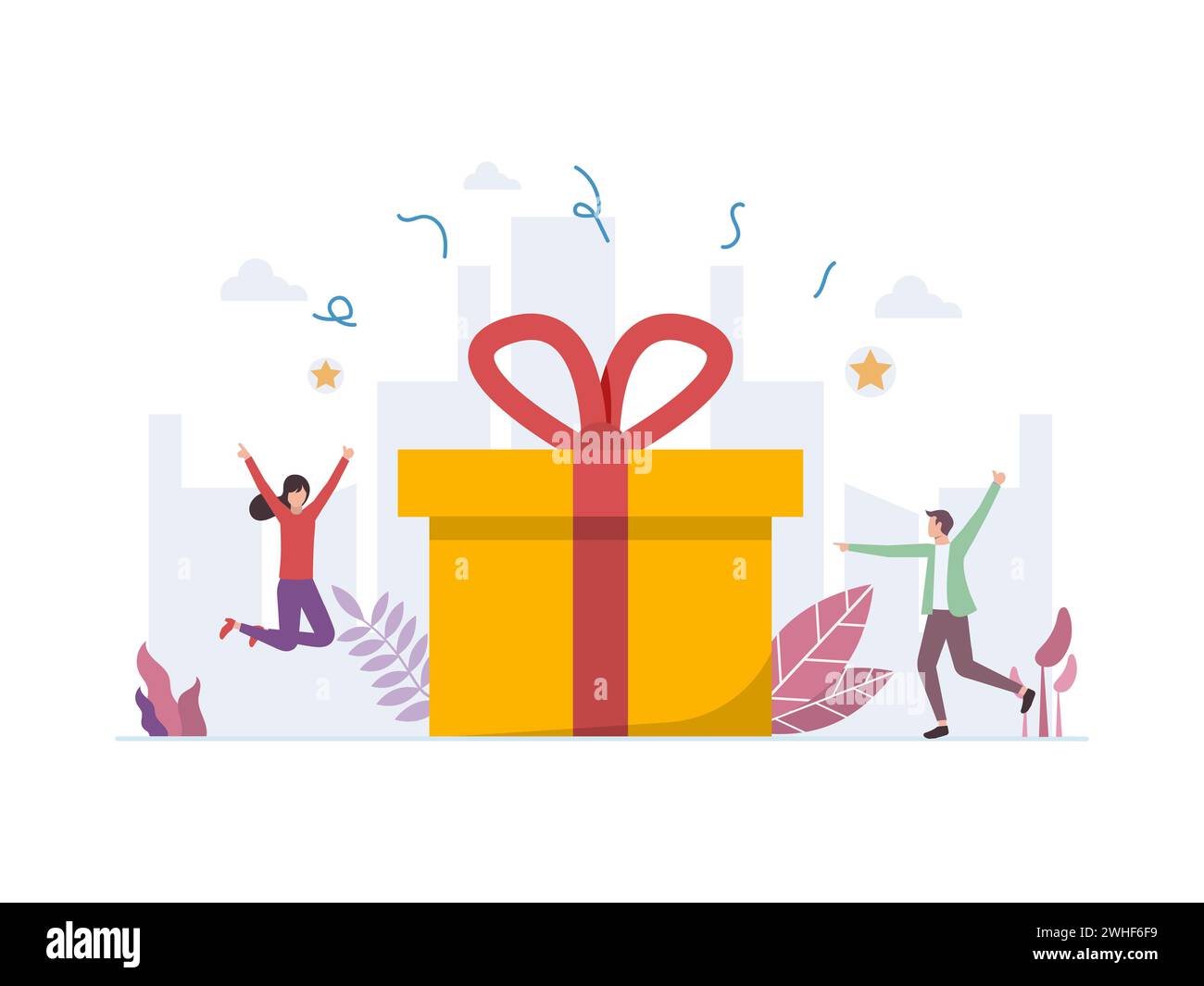 Give away Konzept, Mann und Frau fühlen Freude und glücklich für die Geschenk-Vektor-Illustration Stock Vektor