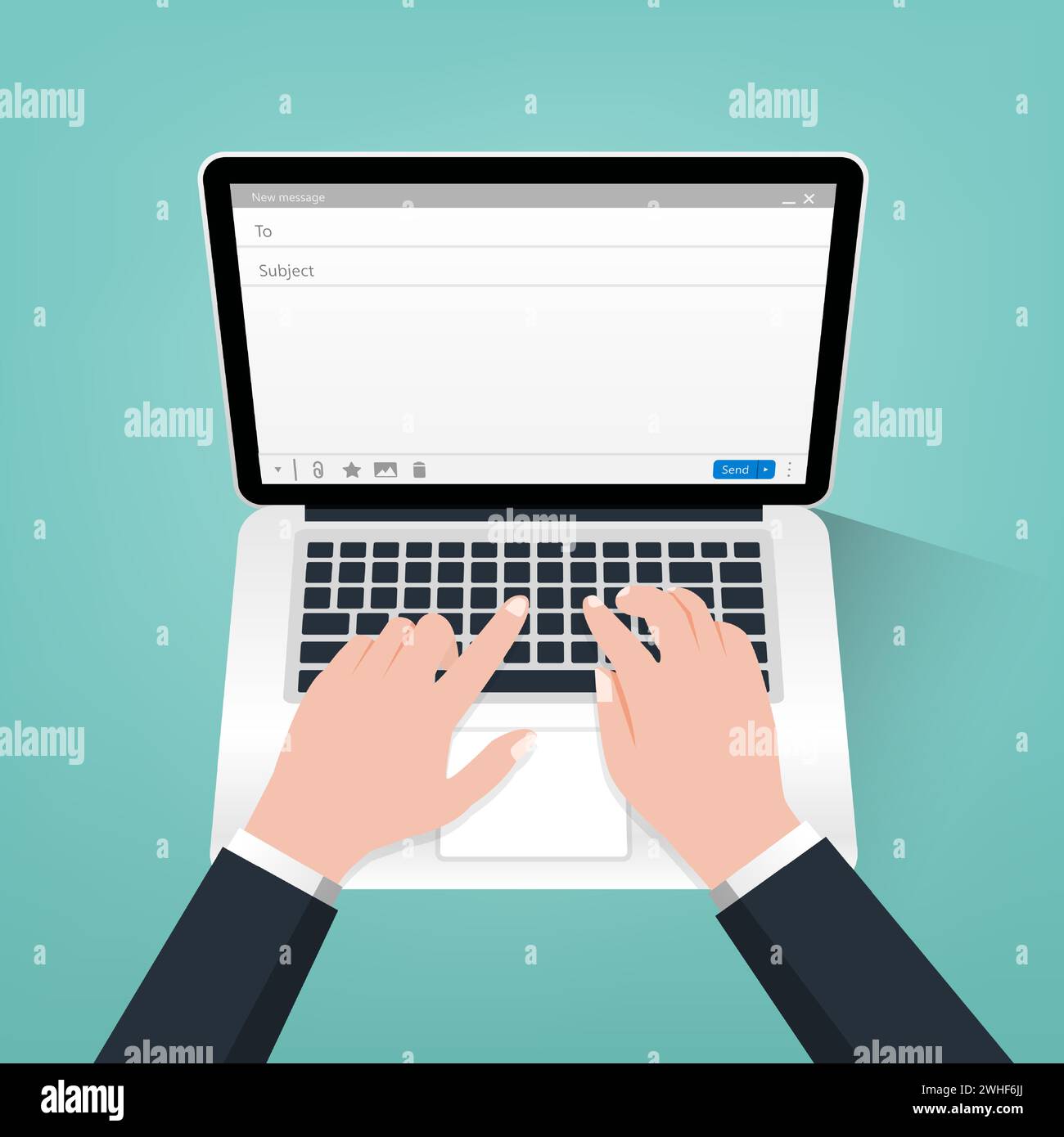 Geschäftsmann, der eine elektronische Nachricht an den Partner auf dem Laptop schreibt. Schreiben von kommerziellen E-Mails, Verfassen von Angeboten in E-Mail, Kontaktieren des Kunden online, Post Stock Vektor