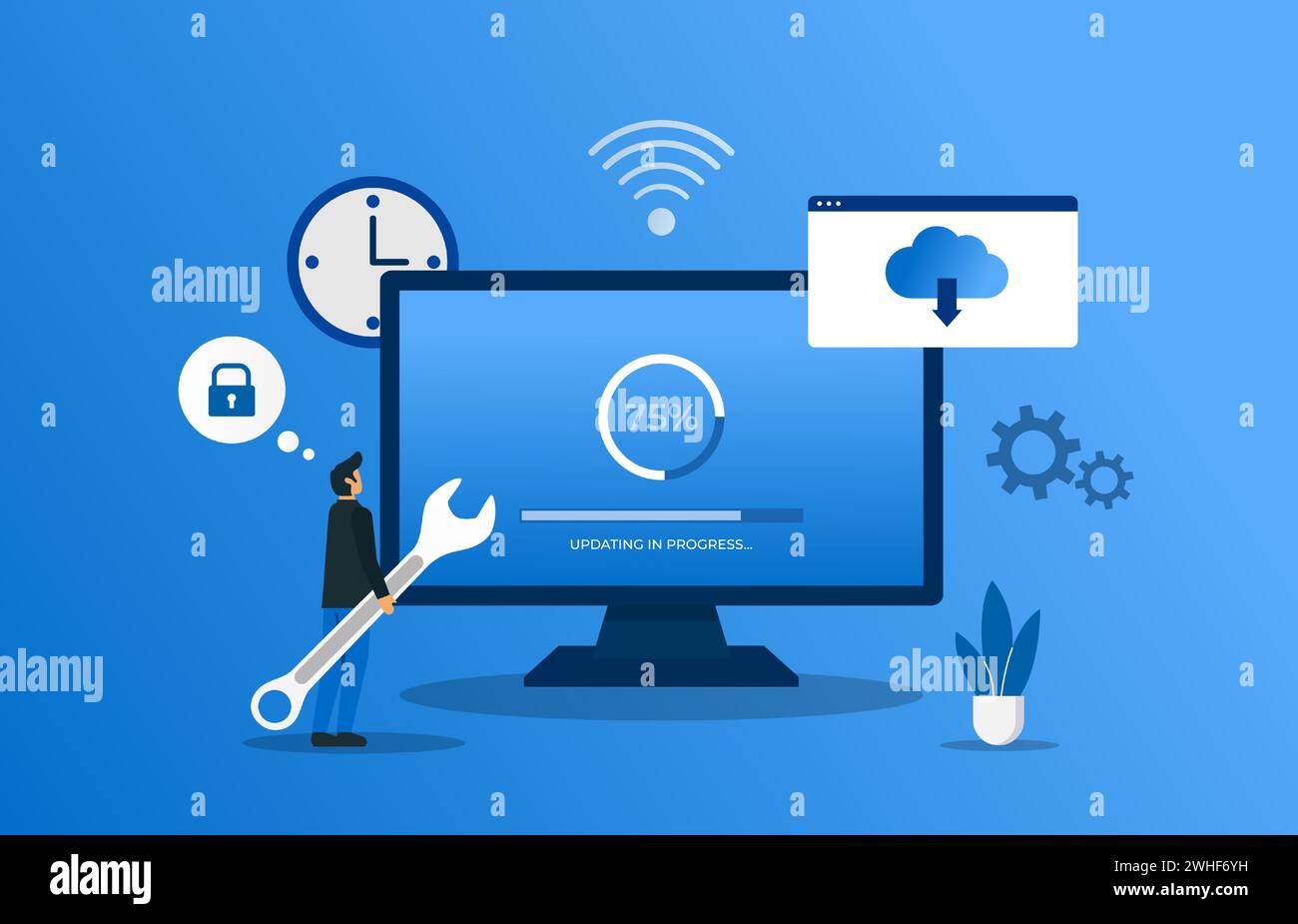 Mann, der Software auf dem Computer mit Fortschrittsleiste und Systemvektorgrafik der Installationssoftware aktualisiert. Stock Vektor