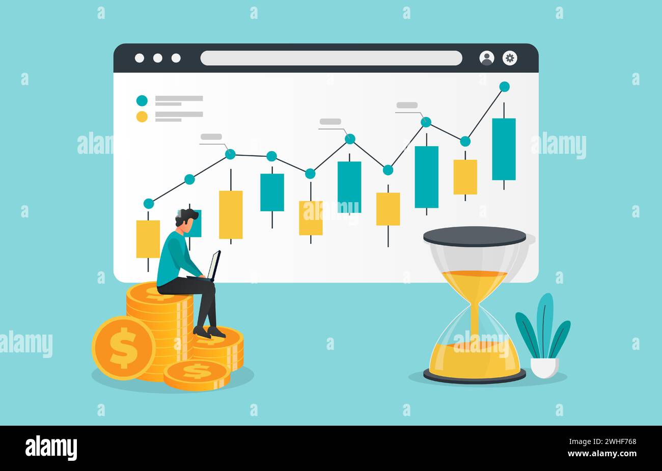 Unternehmenswachstumskonzept mit Geschäftsmann, der ein Notebook hält, um die grafische Symboldarstellung zu analysieren. Stock Vektor