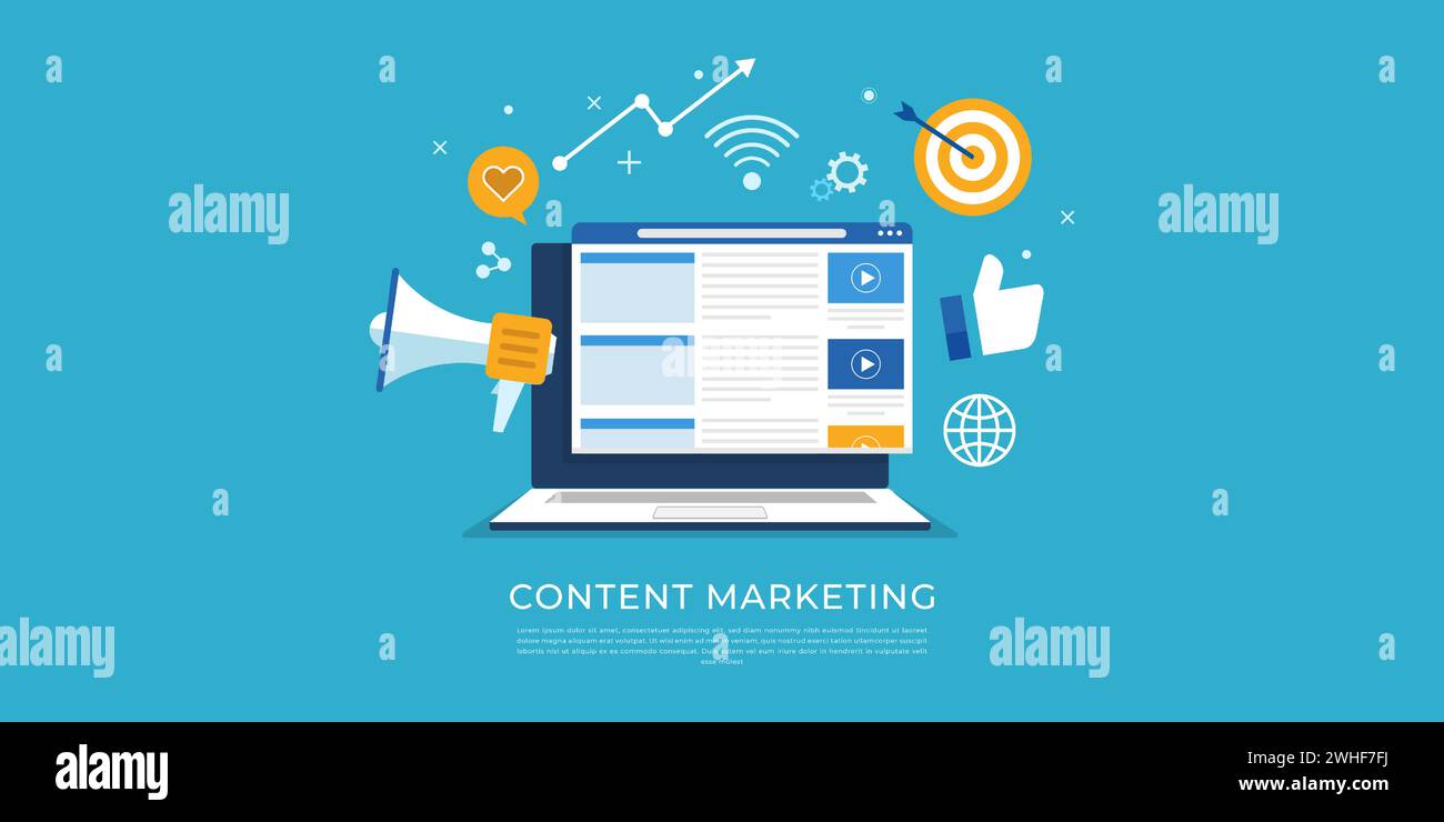 Content-Marketing, digitale Werbung, Website-Marketing, Social-Media-Marketing. Stock Vektor
