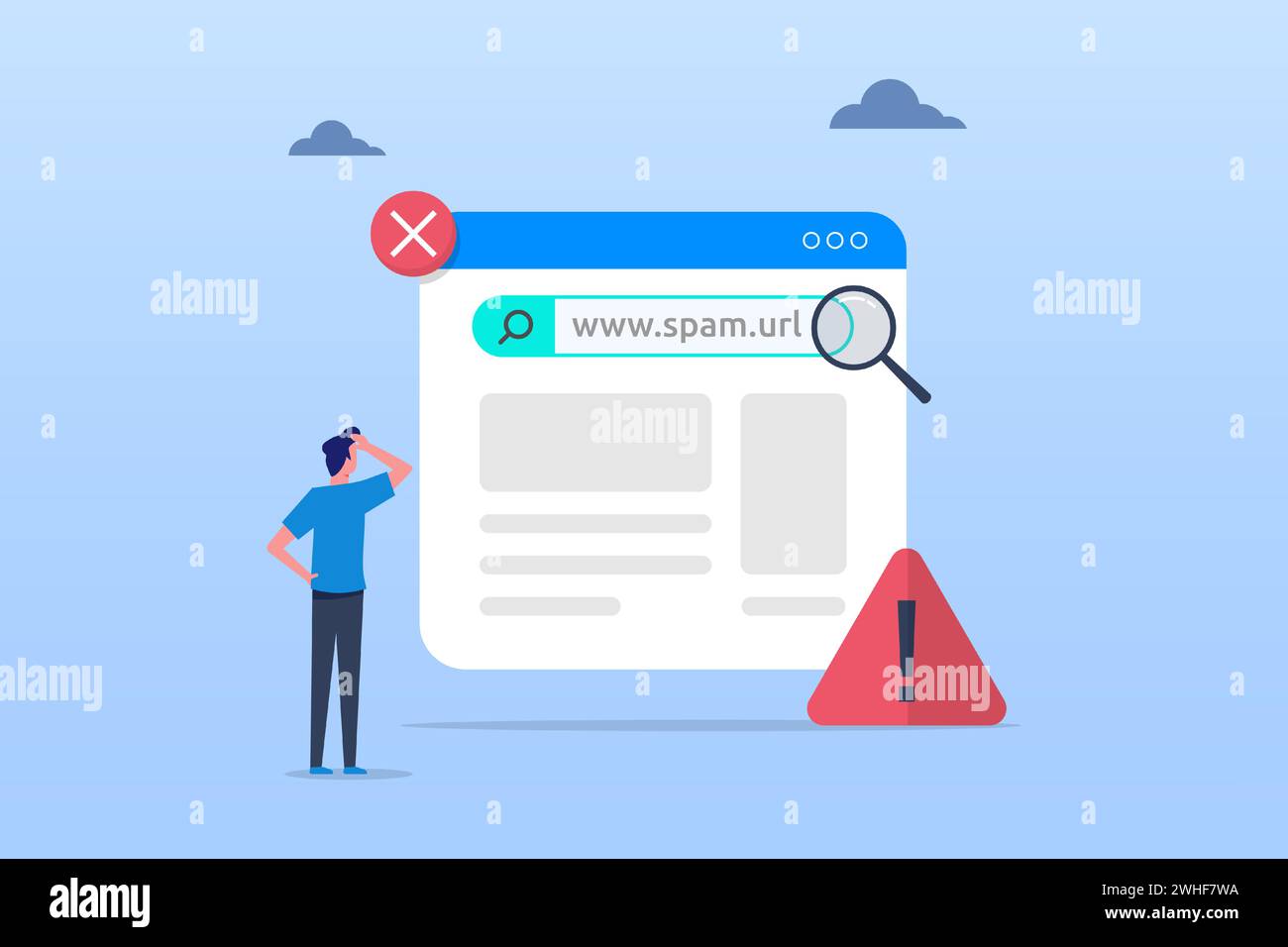Konzept für verdächtige und schädliche Hyperlinks, Spam-url oder Website-Adresse, sicheres Surfen und Warnbenachrichtigungen Stock Vektor
