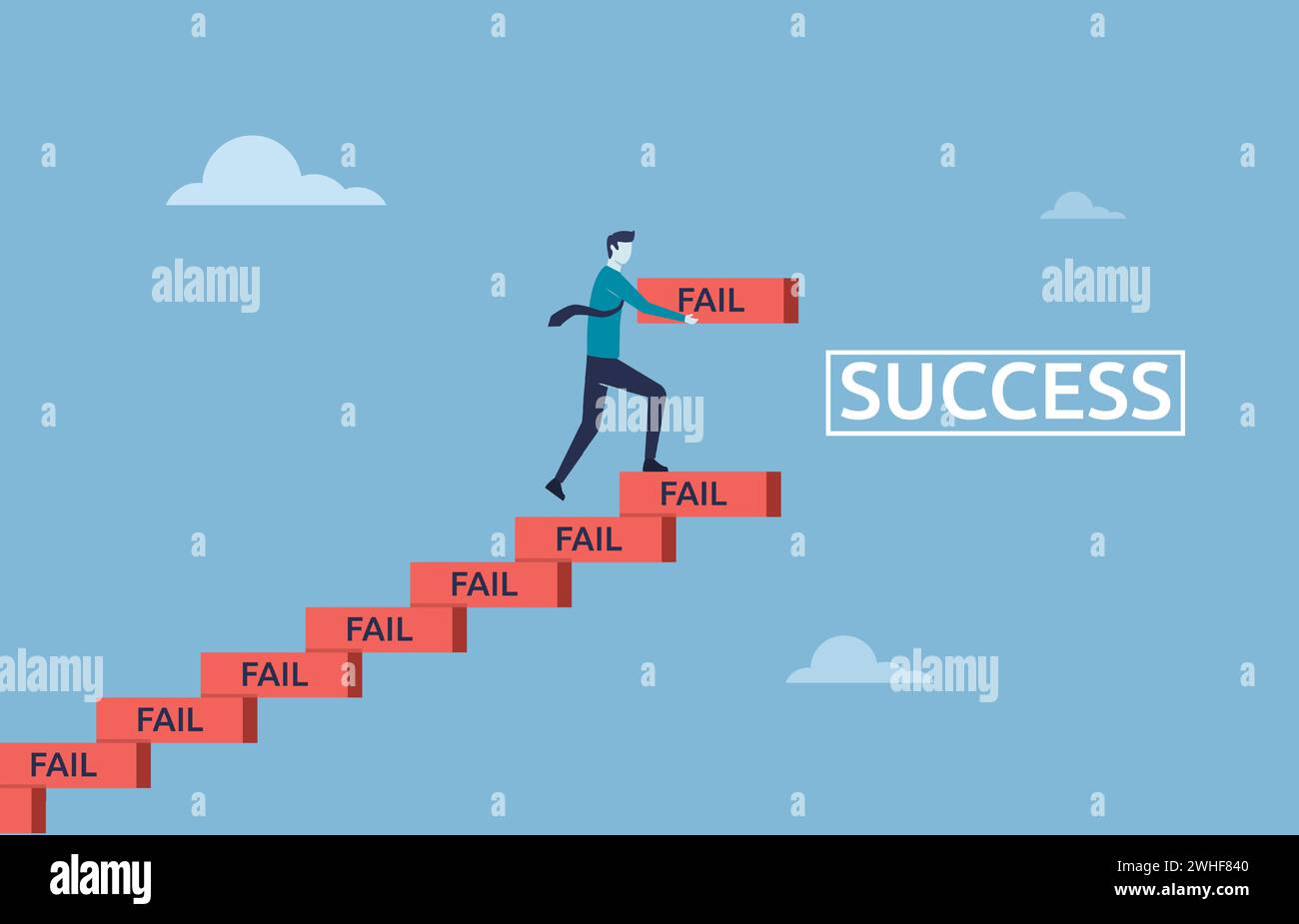 Lernen Sie, zu scheitern als Weg zur Erreichung des Zielkonzepts, verbessern Sie sich vom Versagen, Treppenaufbauten zum Erfolg, streben Sie nach, dass ein Geschäftsmann mit seinem Versagen Treppenaufgänge zum Erfolg baut Stock Vektor