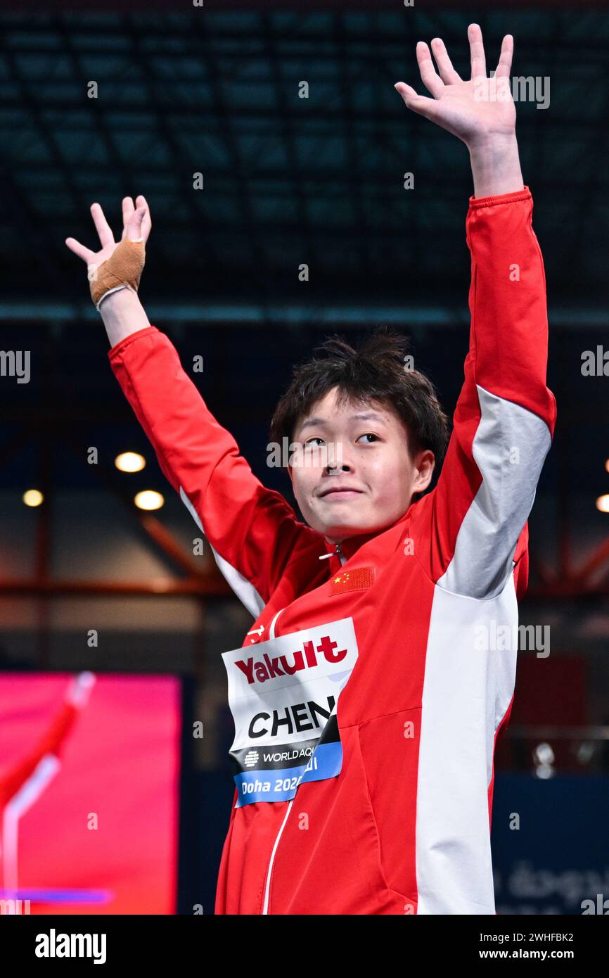 Doha. Februar 2024. Chen Yiwen aus China begrüßt die Zuschauer vor dem ...