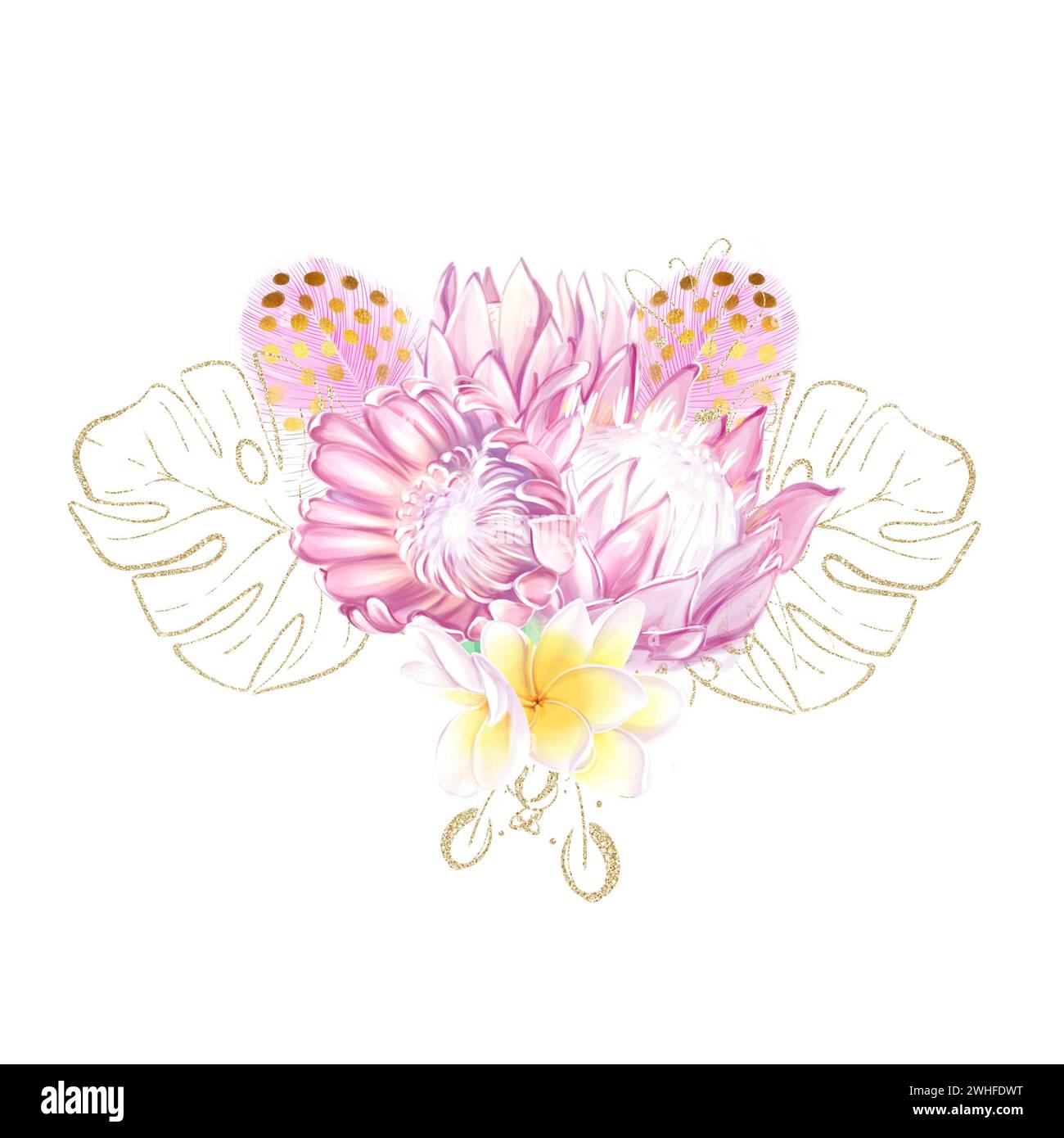 Tropisches Bouquet mit rosafarbenen Protea-Blüten und Monsterablättern in einem romantischen, luxuriösen Stil mit goldenen Elementen. Um ein Hochzeitsdesign zu kreieren, b Stockfoto