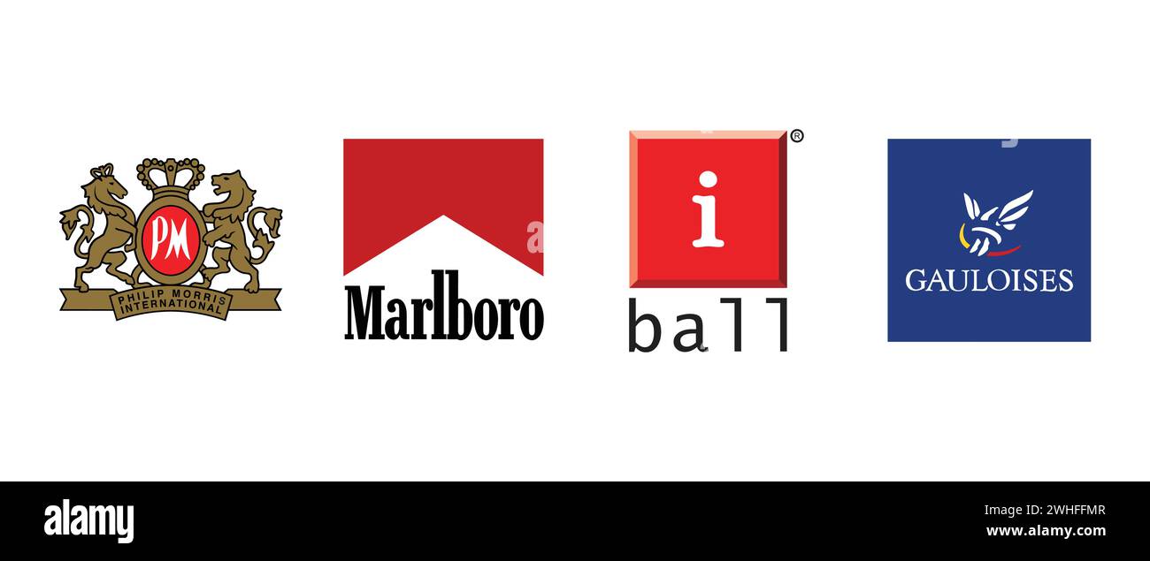 Philip Morris International, Gauloises, IBall, Marlboro. Vektorillustration, redaktionelles Logo. Stock Vektor