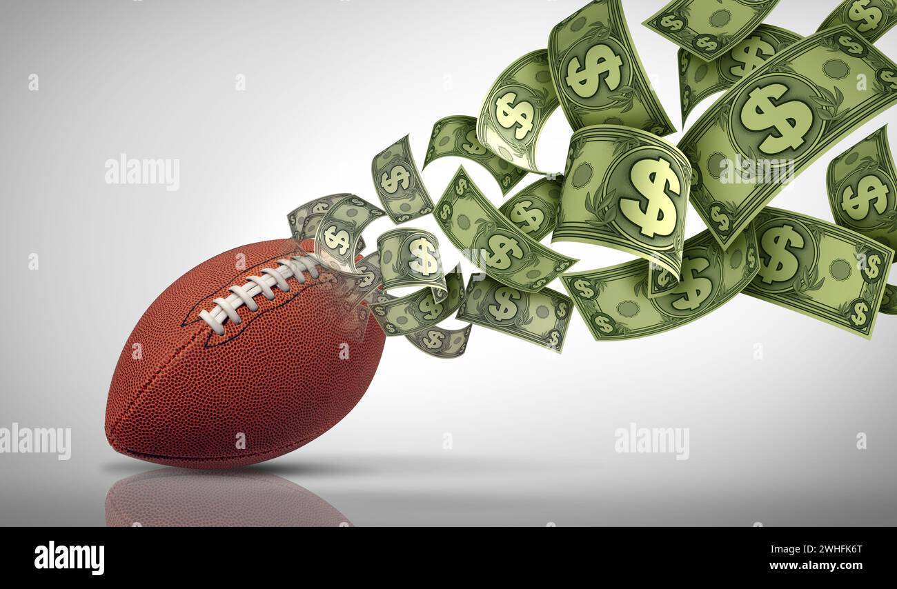 American Football-Wetten und die Auswahl eines Gewinners mit einer Wette auf das große Meisterschaftsspiel als Symbol für Sportwetten. Stockfoto