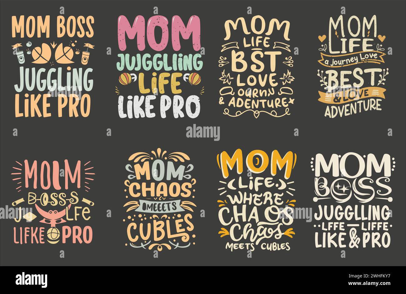 Vielfältiges Muttertag T-Shirt Bundle, Muttertag T-Shirt Vektor Set, Happy Müthers Day T-Shirt Set, Muttertag Element Vektor, Lettering Mom T-Shirt Stock Vektor