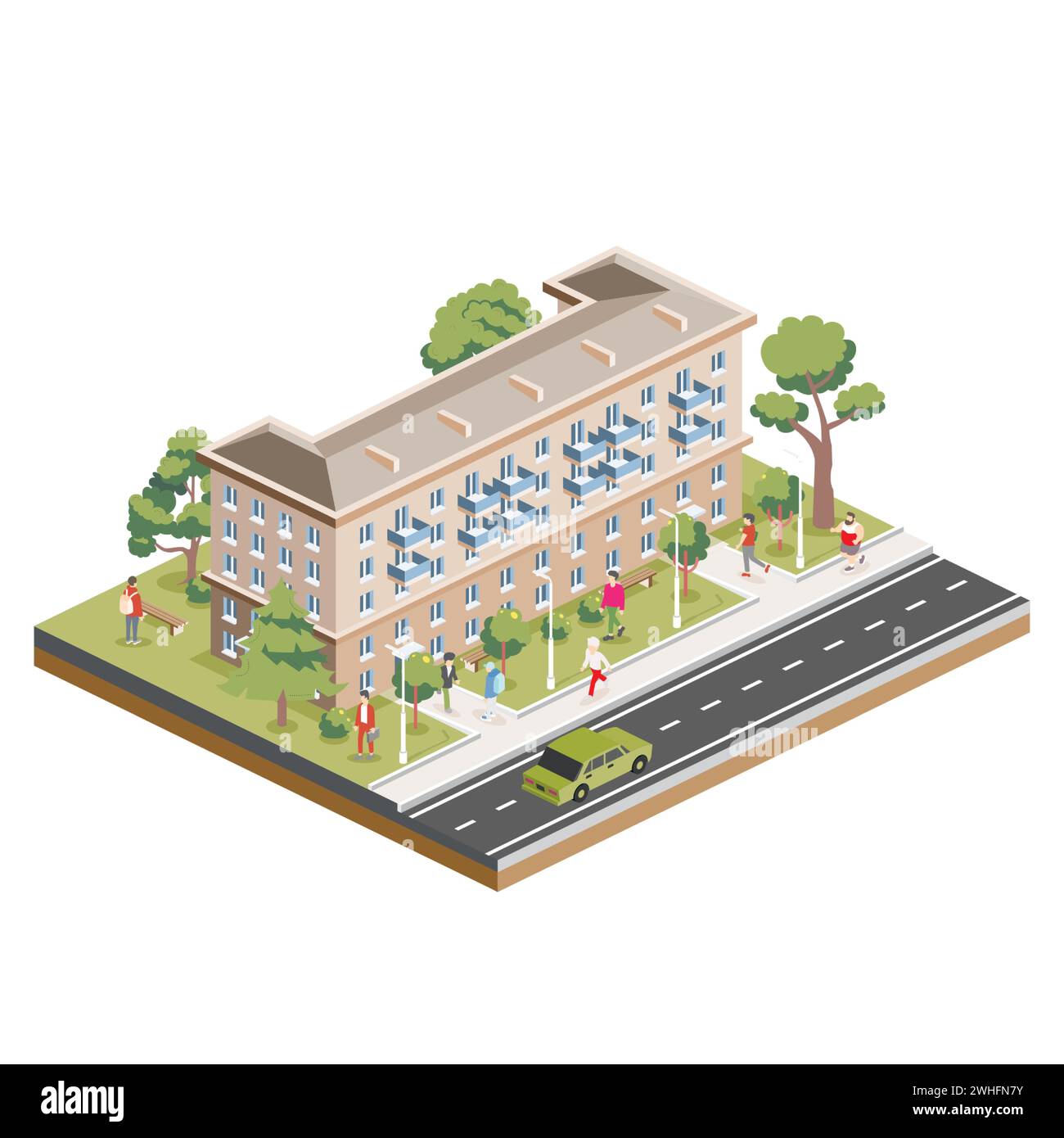 Isometrisches fünfstöckiges Wohngebäude mit Menschen, Straßen und Bäumen. Symbol oder Infografik-Element. Vektorabbildung. Stadthaus. Stock Vektor
