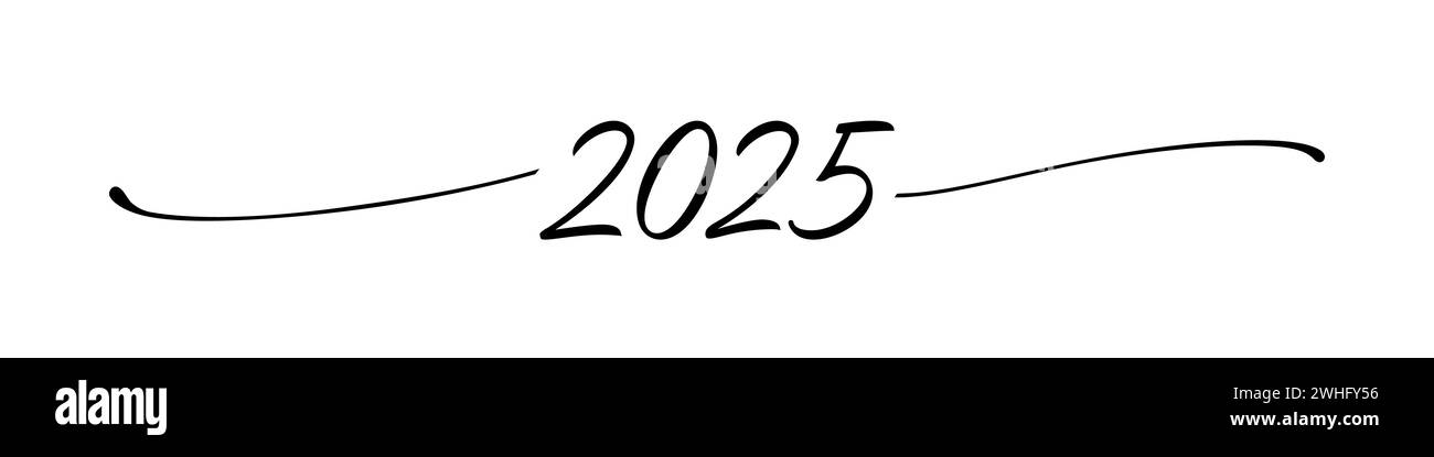Kreativer Titel für „Happy New Year“. 2025 Texttrennzeichen. Horizontales Banner. Grafische Dekoration. Handzeichnungsstil. Isolierte Nummer. Vorlage für Feiertagslogo. Stock Vektor