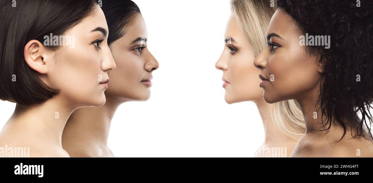 Multiethnische Schönheit und Hautpflege. Gruppe von Frauen mit einer anderen ethnischen Zugehörigkeit. Stockfoto