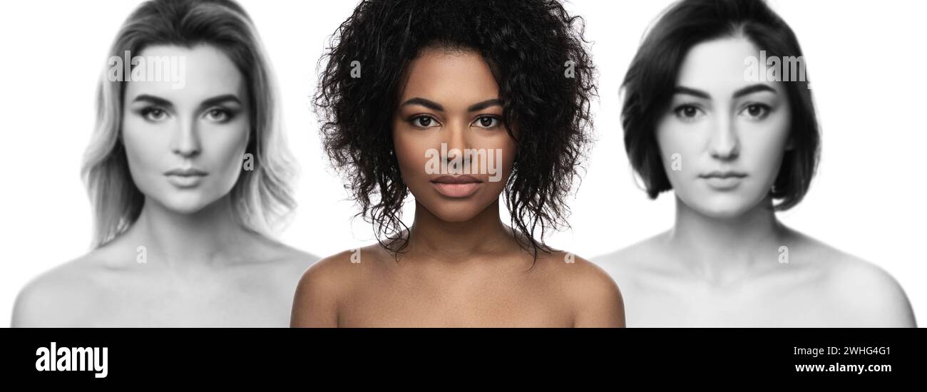 Schwarze Frauen heben sich von anderen ab - Black Lives Matter Konzept. Stockfoto