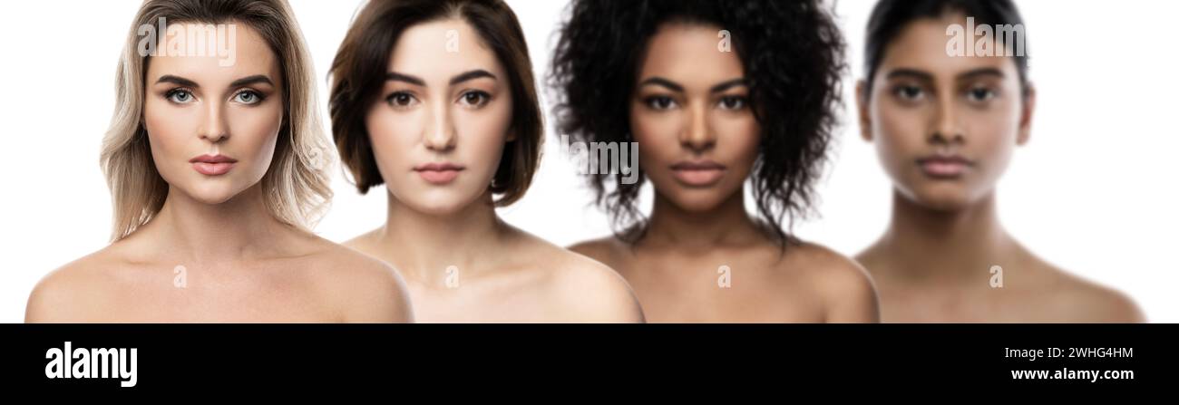 Multiethnische Schönheit und Hautpflege. Gruppe von Frauen mit einer anderen ethnischen Zugehörigkeit. Stockfoto