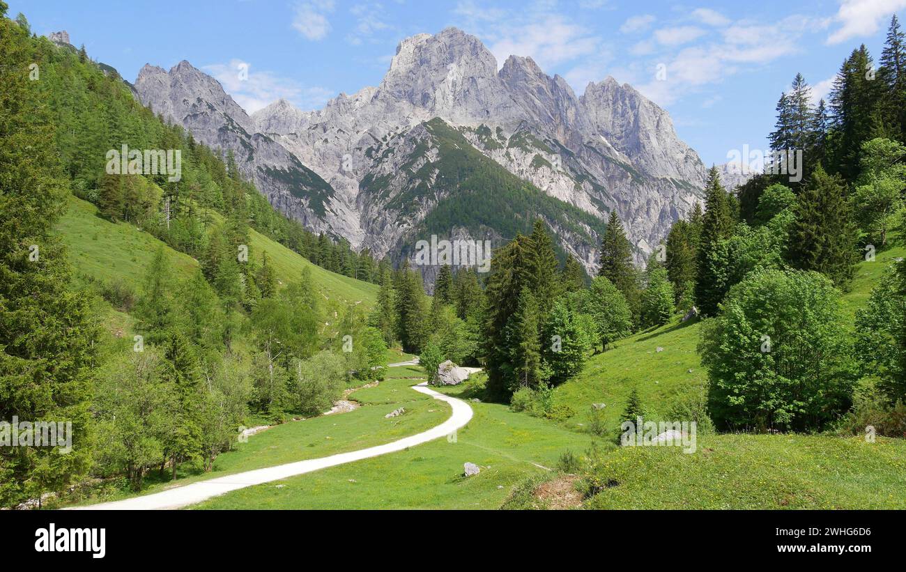 Idyllischer Wanderweg im Klausbachtal bei Ramsau (bei Berchtesgaden) mit Blick auf die Pel Stockfoto