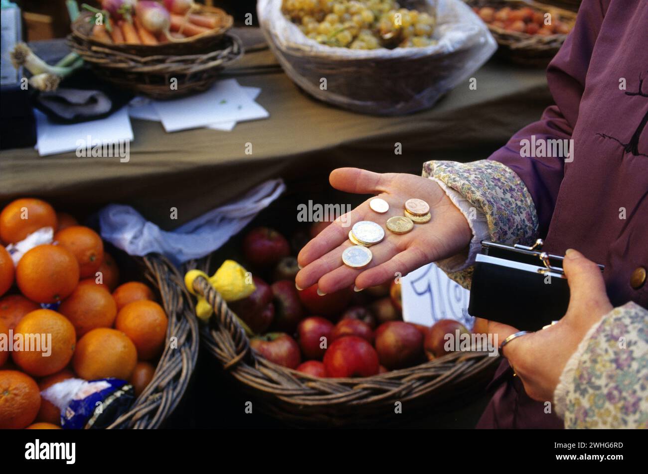 Hände mit Eurorechnungen brexit Frexit europäische Kommunität, die Macht ausgibt, alte Leute, die Lebensmittelmarkt kaufen Stockfoto