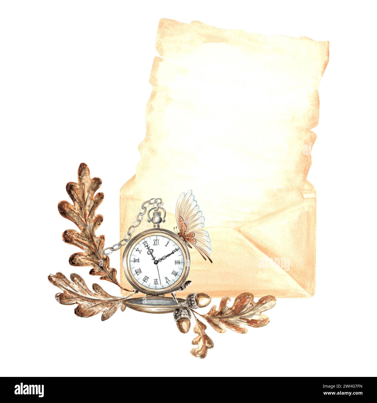 Blatt altes Pergament in handwerklichem Umschlag, Taschenuhr und Schmetterling, Eichenzweig. Handgezeichnete Aquarellvorlage für Vintage-Buchstaben. Isolat Stockfoto